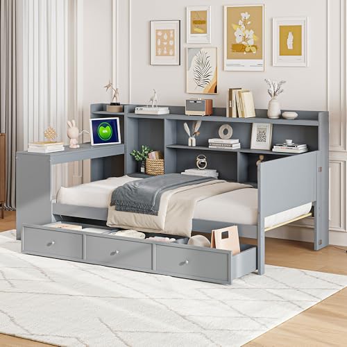 Bellemave Twin Corner Bed Frame with Storage Shelves and Desk, Gray L74206