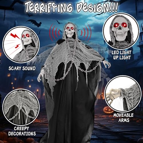 74'' Halloween Outdoor Decorations, Life Size Sound Activated Skeleton Ghost with Light Up Eyes E958980