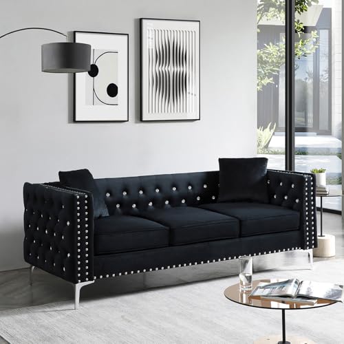 Velvet Loveseat and 3 Seater Sofa Set with Jeweled Button Tufted, Beige Y532619