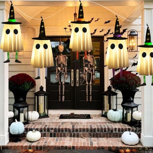 Halloween Hanging Ghosts with Witch Hat Lights, Set of 4 for Outdoor Yard Decor H703891