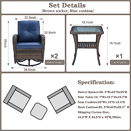 Outdoor Wicker Swivel Rocker Chairs Set of 2 with Rattan Side Table, Brown/Blue B592