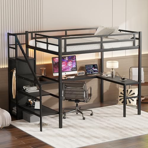 Wood Full Size Gaming Loft Bed with Desk, LED and Charging Station O637