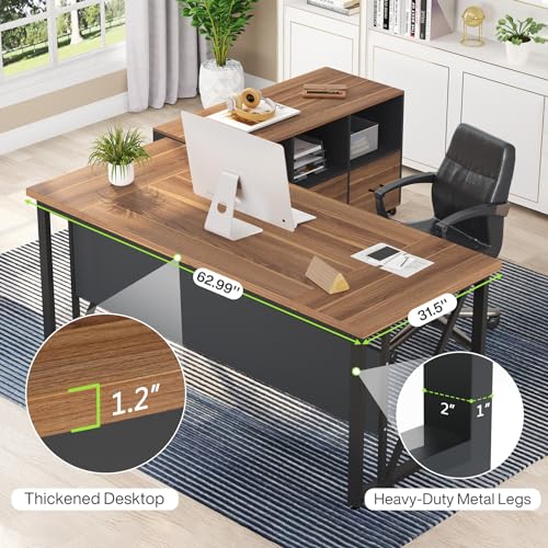 Tribesigns 63" Executive Desk with 47" Lateral File Cabinet, L-Shaped Computer Desk, Brown and Black N680173