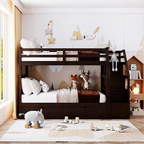 Twin-Over-Twin Bunk Bed with Trundle and Storage Stairs, White P5312