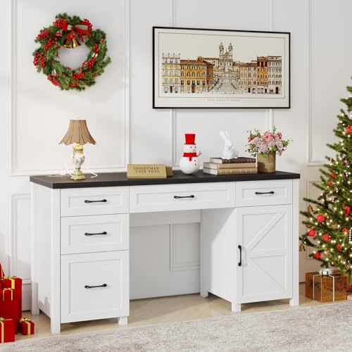 Farmhouse 61" Executive Desk with 5 Drawers and Charging Station, Pure Black W116439