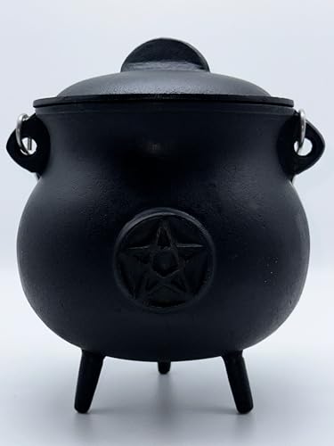 X-Large Pentacle Cast Iron Cauldron with Lid and Handle, 7.5" Diameter Witches Cauldron - Ritual & Altar Tool