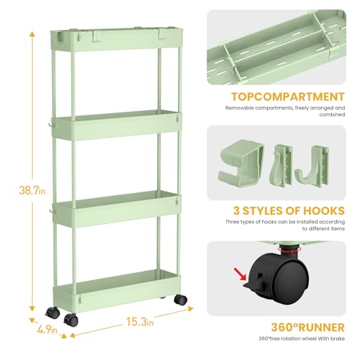 SPACELEAD Slim Storage Cart 4 Tier, Rolling Utility Cart for Bathroom & Kitchen, White Q18019