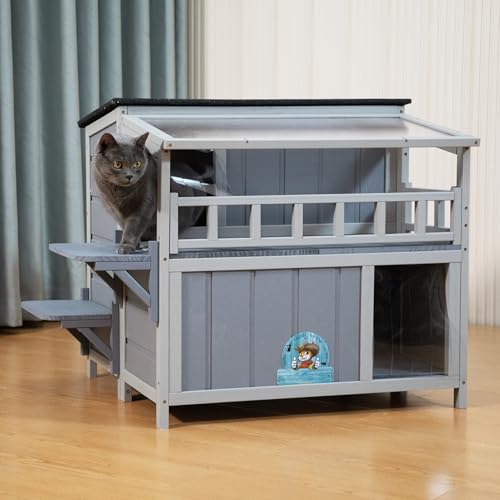 Warm Wood Cat Shelter with Sunlight Roof for Outdoor Use J791