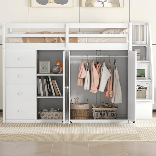 Harper & Bright Designs Twin Size Loft Bed with L-Shaped Desk and Stairs, Solid Wood, White D768
