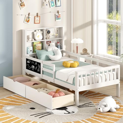Giantex Full Bed with 2 Storage Drawers, Solid Wood Kids Bed Frame, White N580265