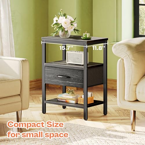 SUPERJARE Nightstand with Charging Station, Fabric Drawer, 3-Tier Storage, Walnut K366263