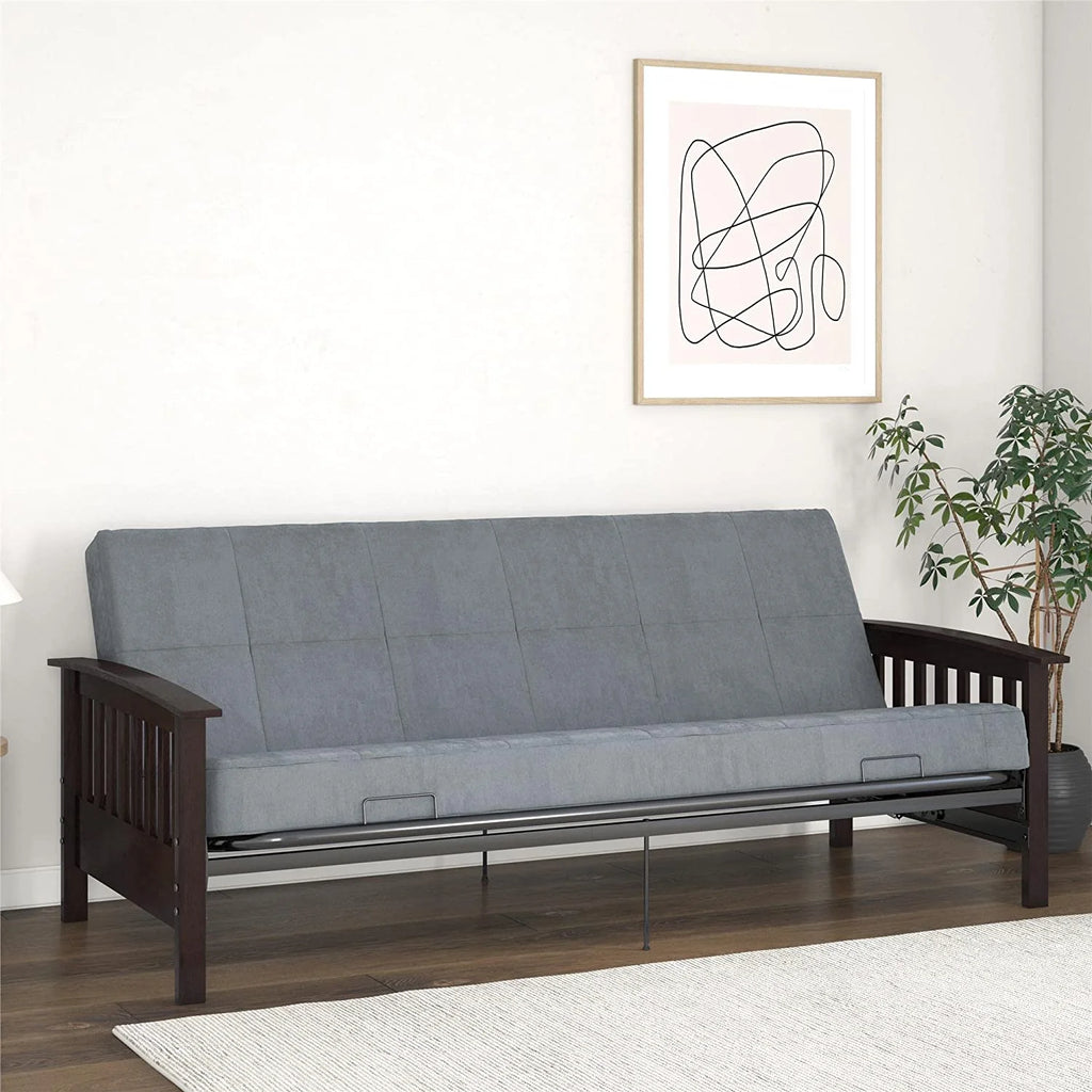 Elbi Full Size Wood and Black Metal Futon Frame, Natural Q52613