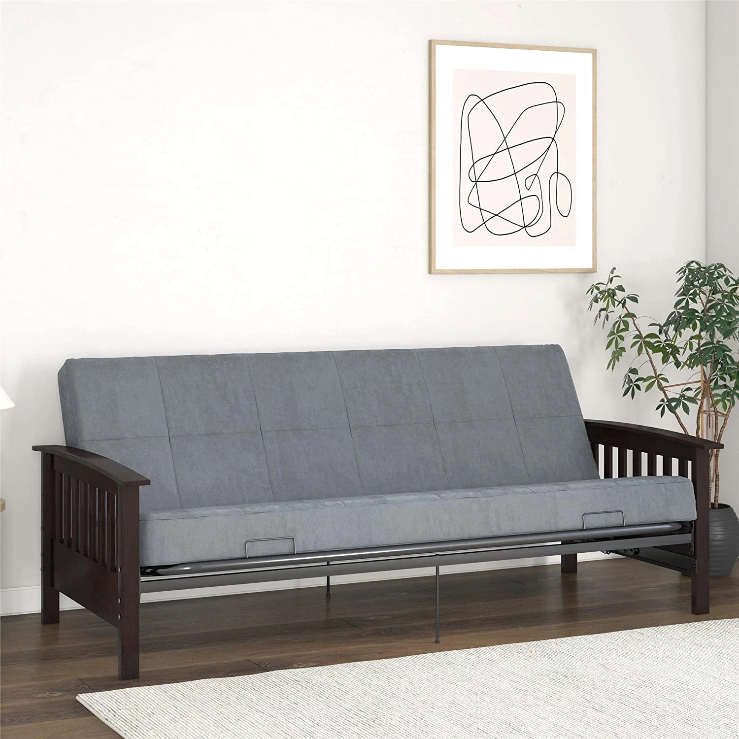 Elbi Full Size Wood and Black Metal Futon Frame, Natural Q52613