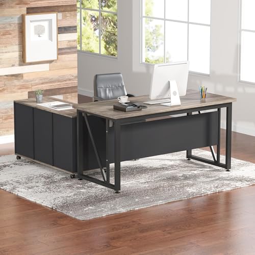 Tribesigns 63" Executive Desk with 47" Lateral File Cabinet, L-Shaped Computer Desk, Brown and Black N680173