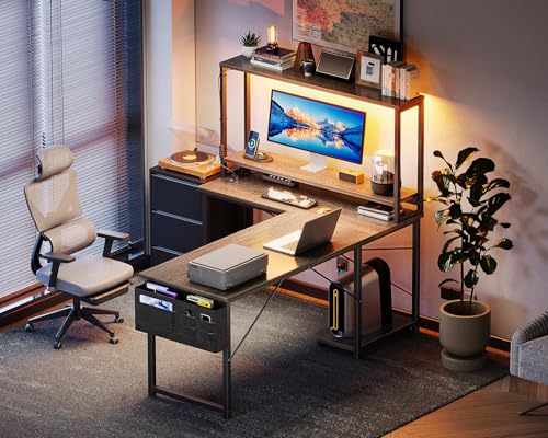 AODK L Shaped Gaming Desk with LED Light & Power Outlet, Grey Oak P41493