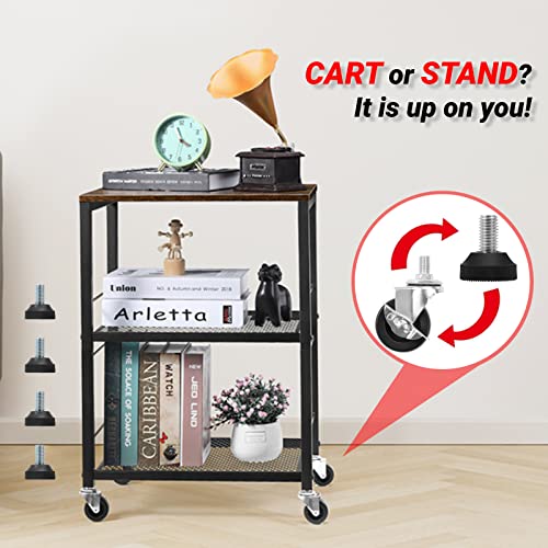 LIANTRAL 3 Tier Rolling Cart, Brown Kitchen Storage Cart on Wheels M635