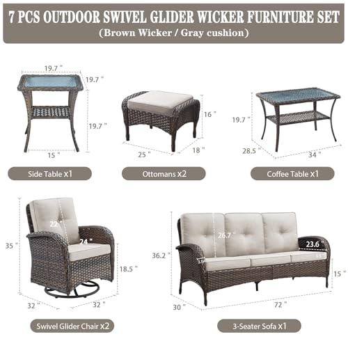 Outdoor Wicker Swivel Rocker Chairs Set of 2 with Rattan Side Table, Brown/Blue B592