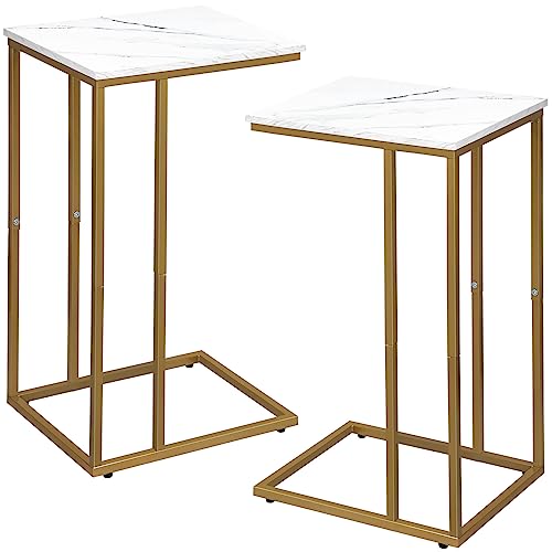 C Shaped Side Table Set of 2, Marble End Table for Sofa and Bed, White and Black O683294