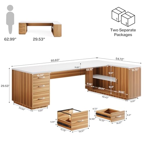Tribesigns 85.8-Inch L-Shaped Executive Desk with File Drawers & Shelves, White & Brown I578