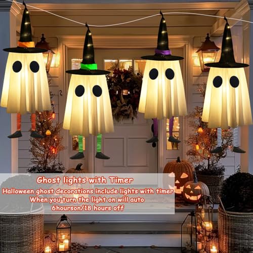 Halloween Hanging Ghosts with Witch Hat Lights, Set of 4 for Outdoor Yard Decor H703891