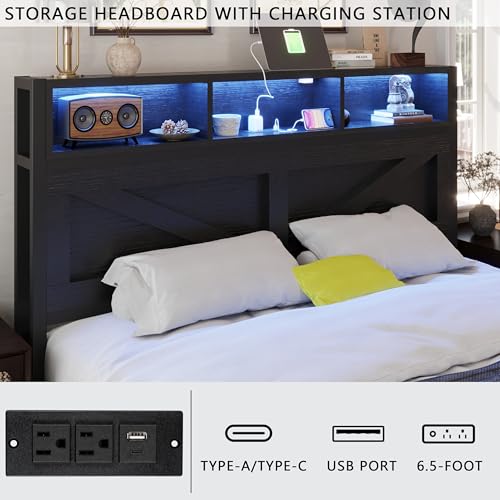 Farmhouse Full Bed Frame with Bookcase Headboard, LED Lights and Charging Station M527023