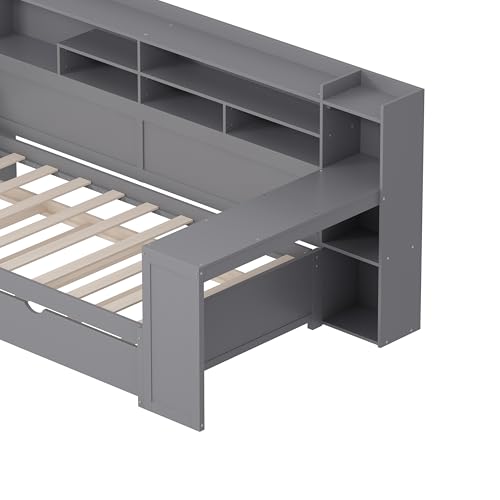 Bellemave Twin Corner Bed Frame with Storage Shelves and Desk, Gray L74206