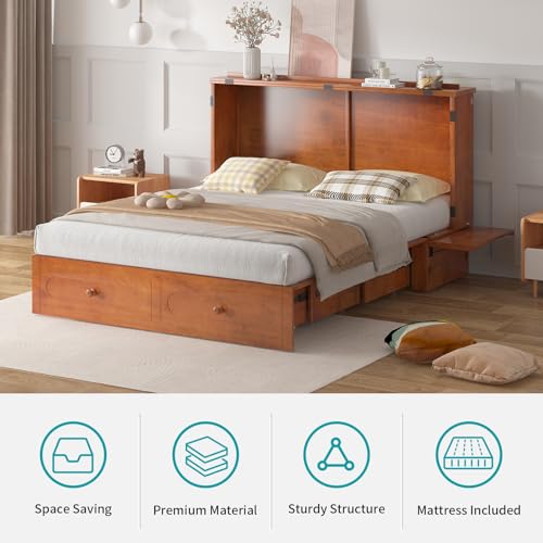 BALUS Murphy Cabinet Bed Queen with USB Charging Station, Tri-Fold Mattress, Dark Grey V81631