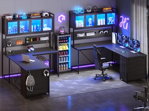 SEDETA L Shaped Gaming Desk with Drawers, LED Lights, and Power Outlet O3738