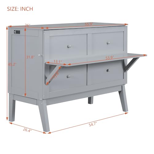 Queen Size Solid Pine Murphy Bed Chest with Charging Station and Storage Drawer K498