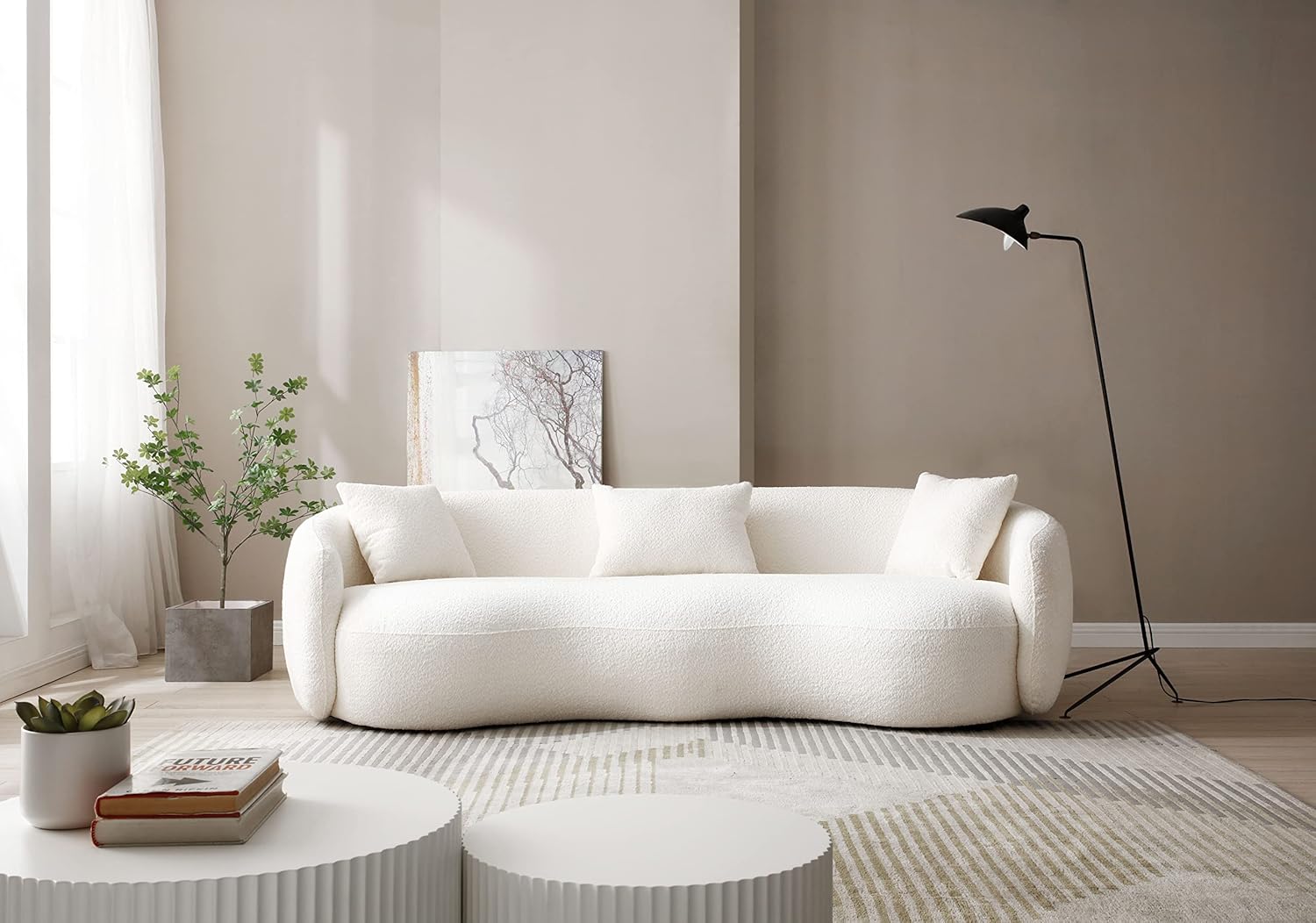 Curved Boucle Upholstered Cloud Couch with 3 Throw Pillows, Beige O9888