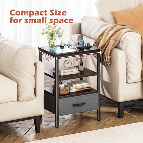 SUPERJARE Nightstand with Charging Station, Fabric Drawer, 3-Tier Storage, Walnut K366263