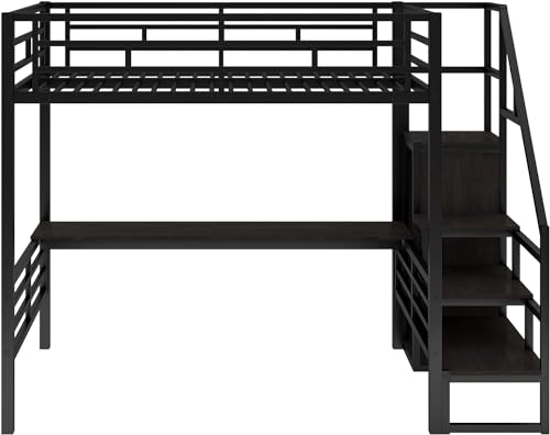 Metal Full Loft Bed with Desk and Wardrobe, Storage Stairs D90681
