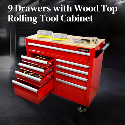 Heavy Duty 9-Drawer Rolling Tool Chest with Wood Top, Black K54490