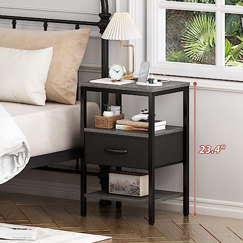 SUPERJARE Nightstand with Charging Station, Fabric Drawer, 3-Tier Storage, Walnut K366263