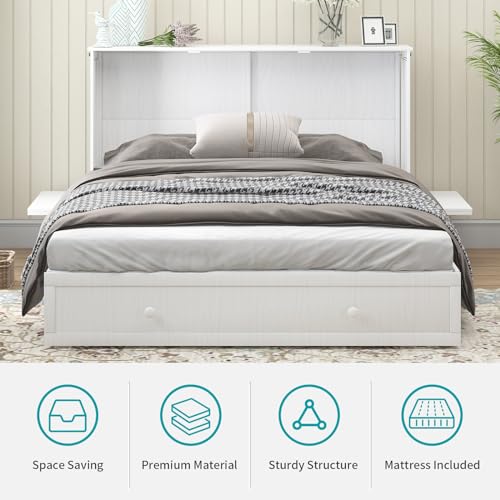 BALUS Queen Murphy Bed Cabinet with USB Charging Station, Cherry Q863