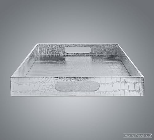 White Marble Faux Leather Decorative Tray with Handles D972626