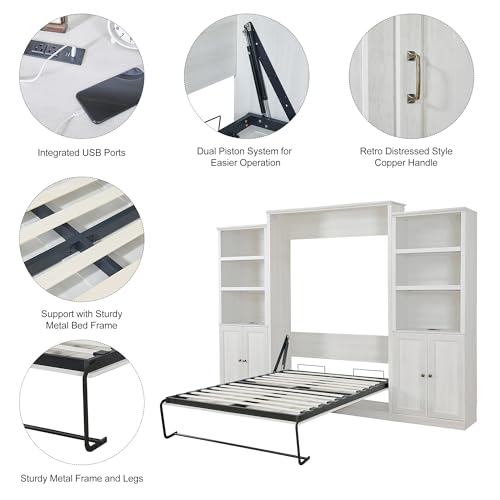 Queen Size Murphy Bed with Side Cabinet Storage Shelf, Rustic White X5267