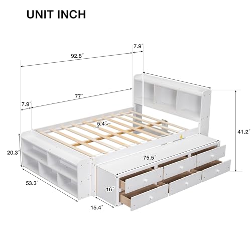 SOFTSEA Full Size Platform Bed with Storage Drawers and Bookcase Headboard, White V613109