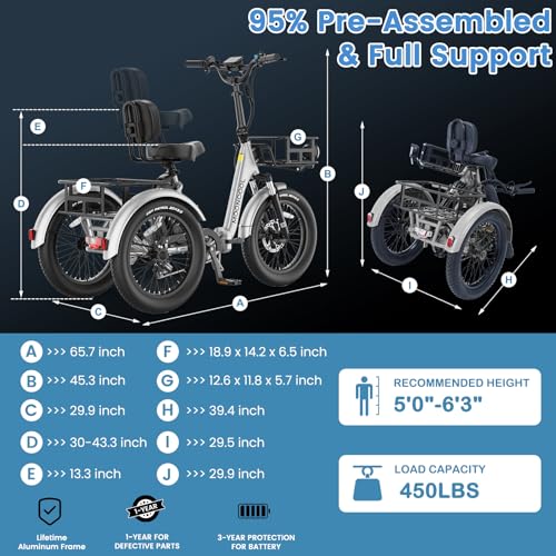 MOONCOOL Electric Tricycle for Adults, 500W 48V Folding 3-Wheel Bike with Basket O9027