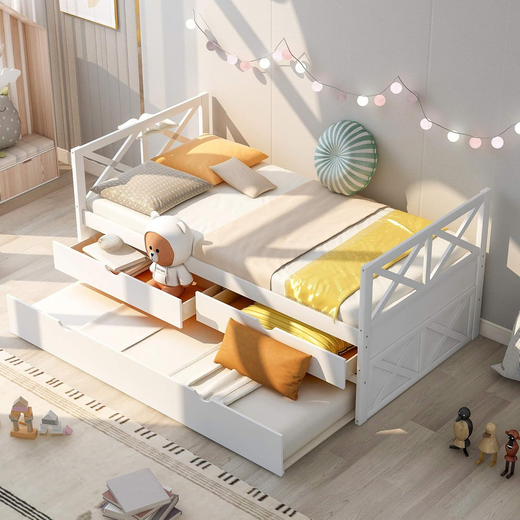 Twin Captain's Bed with Trundle and Storage Drawers, White T35158