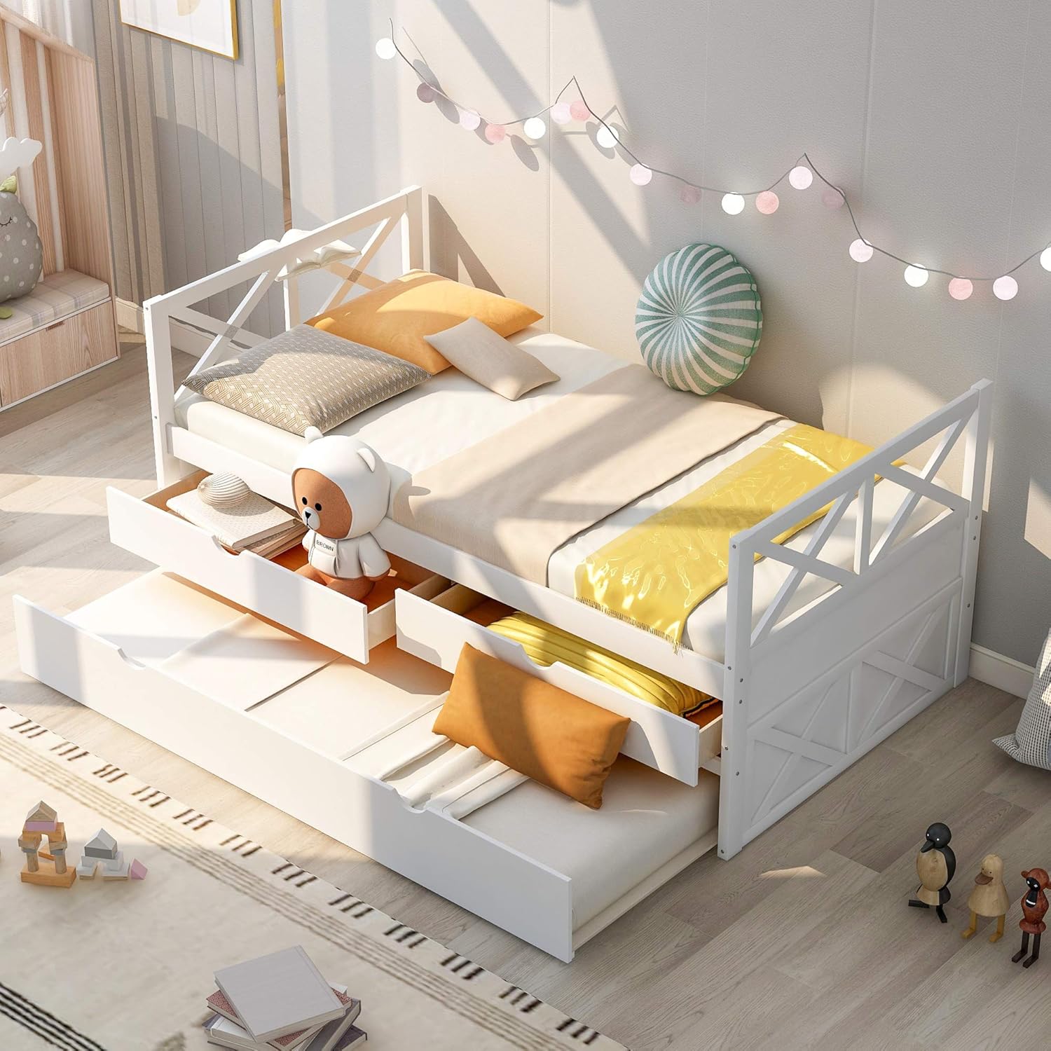 Twin Captain's Bed with Trundle and Storage Drawers, White T35158