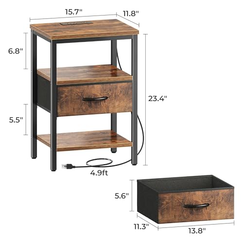 SUPERJARE Nightstand with Charging Station, Fabric Drawer, 3-Tier Storage, Walnut K366263