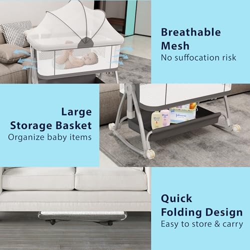 3 in 1 Baby Bassinet Bedside Sleeper with Wheels, Adjustable Height, Storage, Mattress & Canopy L72196
