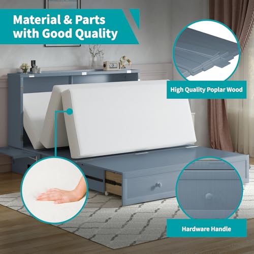 BALUS Murphy Bed Cabinet Queen with Tri-fold Mattress, USB Charging Station, Grey-Blue X7255