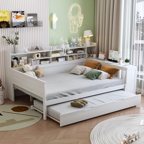 Bellemave Twin Corner Bed Frame with Storage Shelves and Desk, Gray L74206