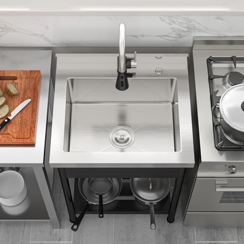 Lordear Stainless Steel Utility Sink 24 Inch Single Bowl Freestanding O589484