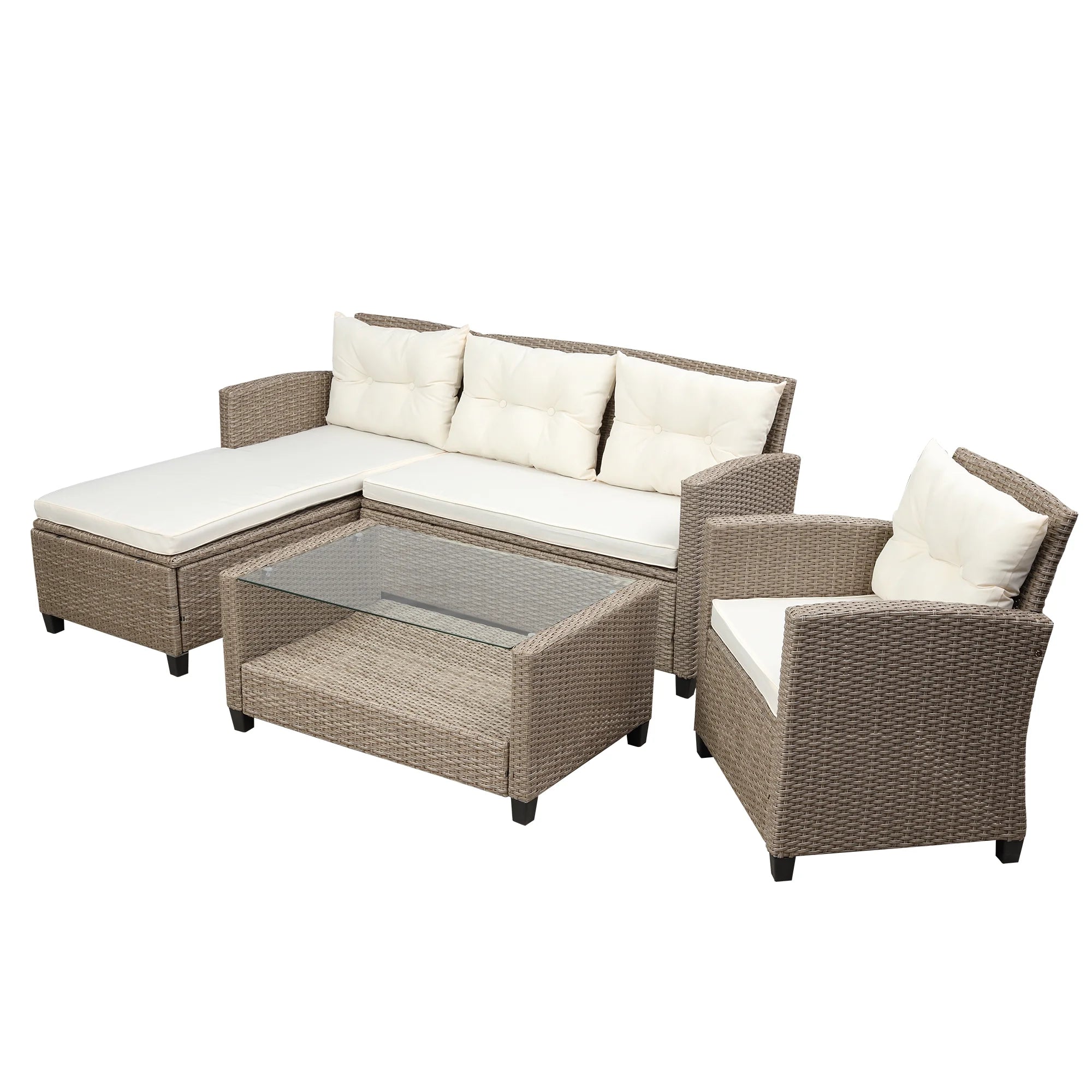 Dcenta 4 Piece Wicker Rattan Patio Conversation Set with Seat Cushions, Beige Brown B3881