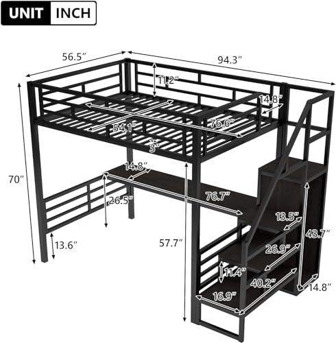 Metal Full Loft Bed with Desk and Wardrobe, Storage Stairs D90681