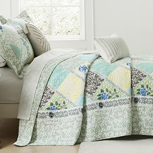 Finlonte Quilts Queen Size Set, Floral Patchwork Blue Grey Farmhouse Cotton Reversible Bedding U736679