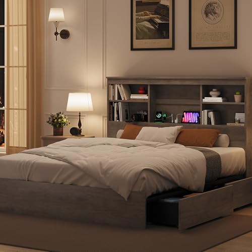 GarveeHome Full Size Bed Frame with Bookcase Headboard and Charging Station Z337